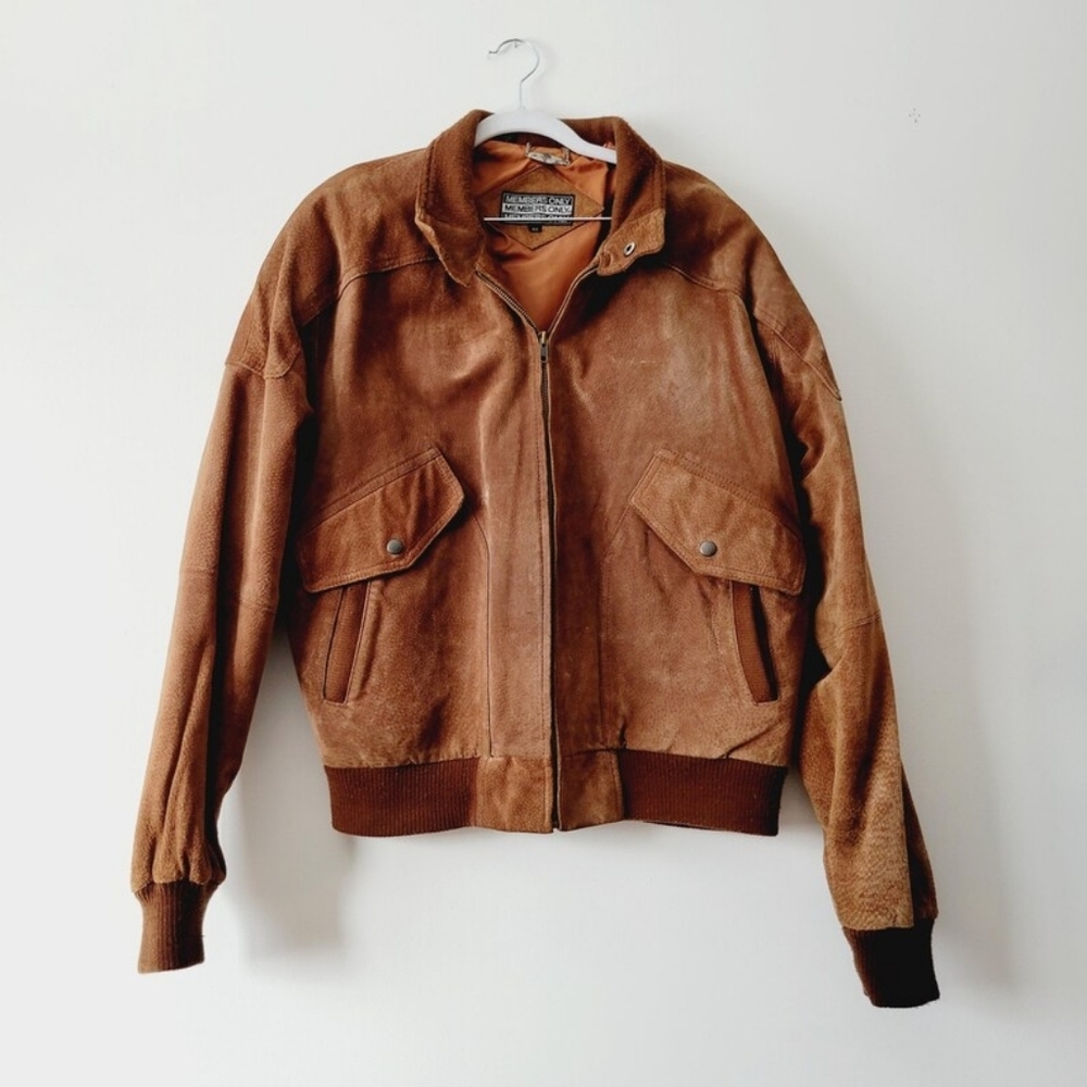 Members Only Vintage Designer Tan Suede Leather Bomber Jacket 46 XL